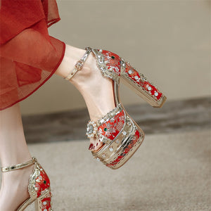 Women Floral Metallic Studded Square Heels Sandal