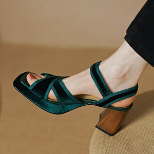 Women Vintage Sandals High Heels Square Toe Block Heels