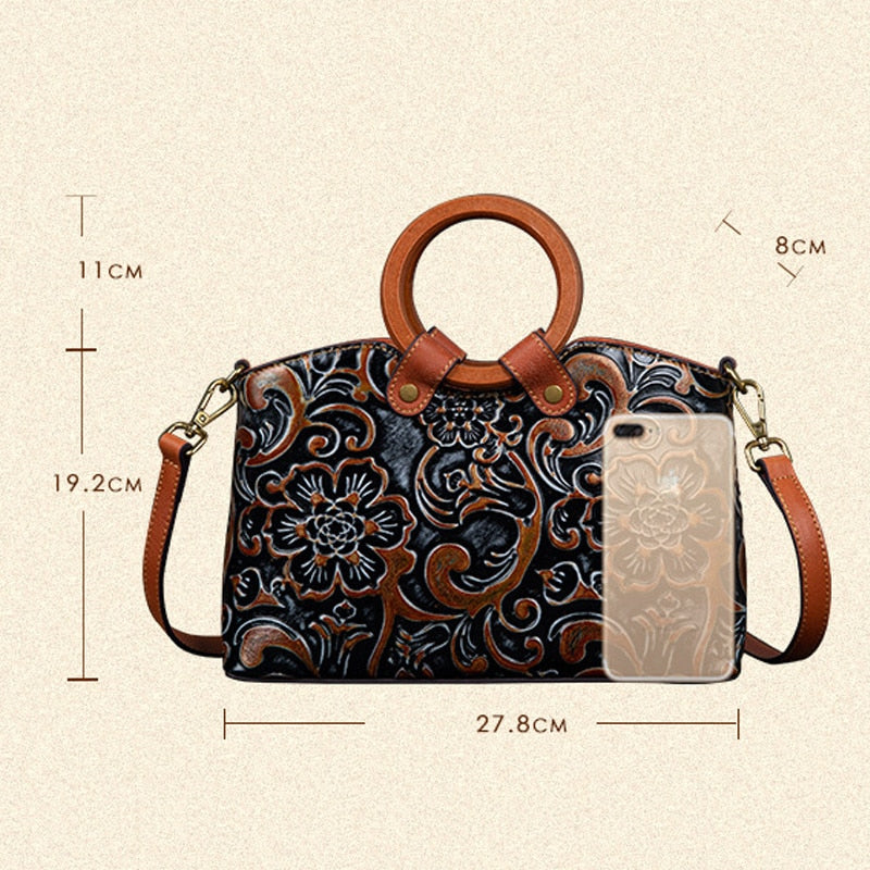 Women Retro Genuine Leather Handmade Embossed Shoulder Bag