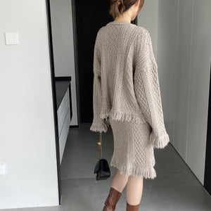 Women Tassel Sweater Pullover Knitted Skirt 2 Pieces Sets
