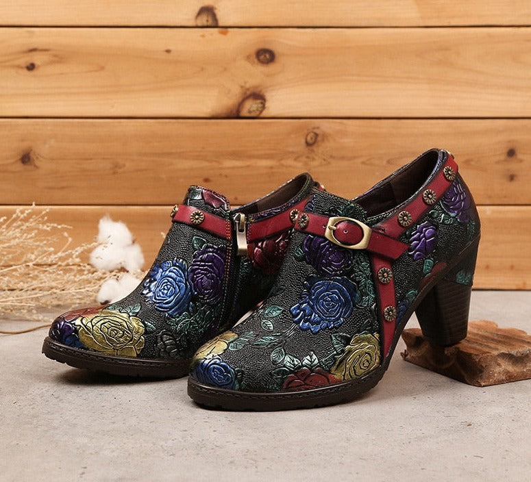 Women Retro Zip Round Toe Handmade Leather Shoes
