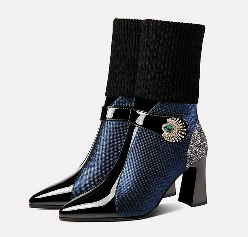 Women Rhinestone Leather Mid Calf Boots