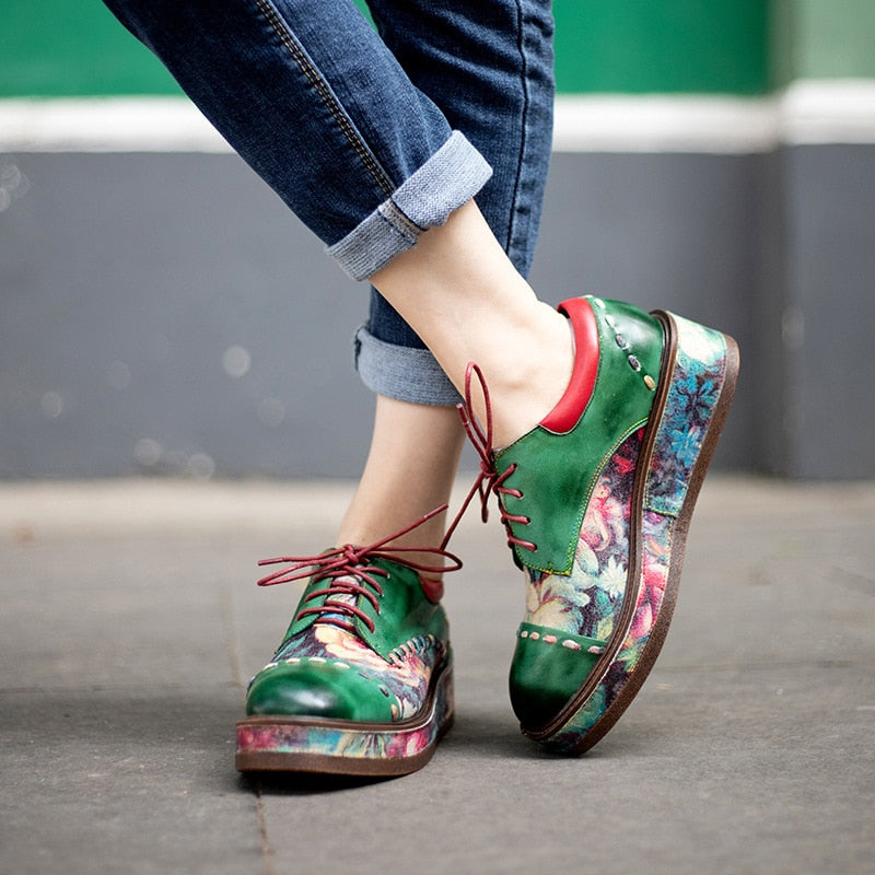 Women Floral Leather Round Head Muffin Heel Shoes