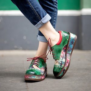 Women Floral Leather Round Head Muffin Heel Shoes