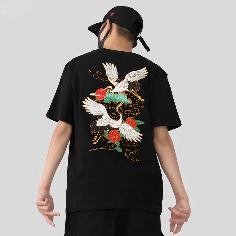 Unisex Harajuku Vintage Crane Embroidery T-Shirt