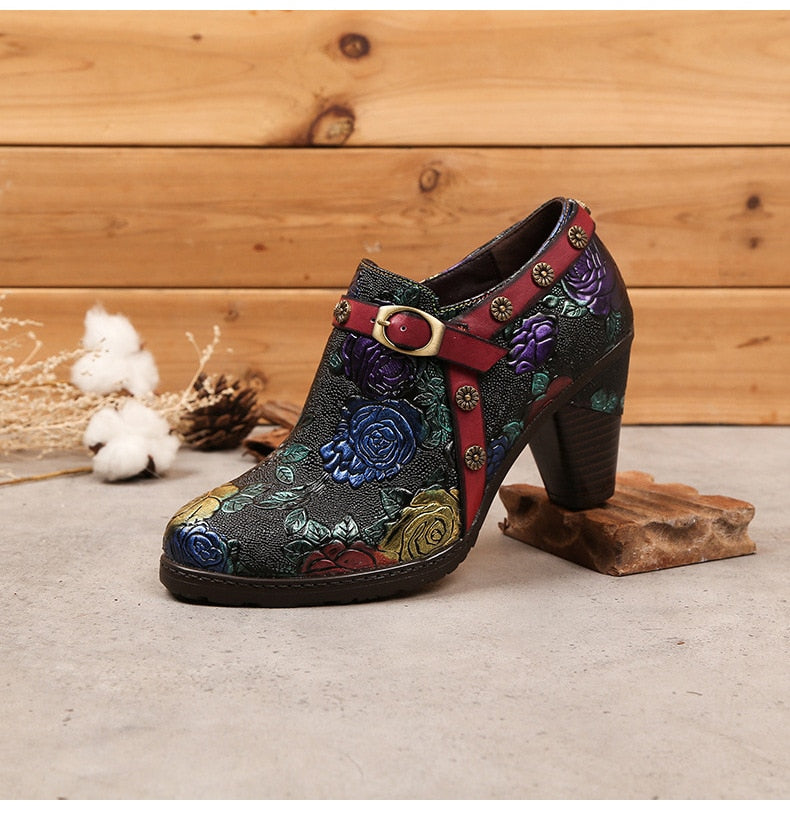 Women Retro Zip Round Toe Handmade Leather Shoes