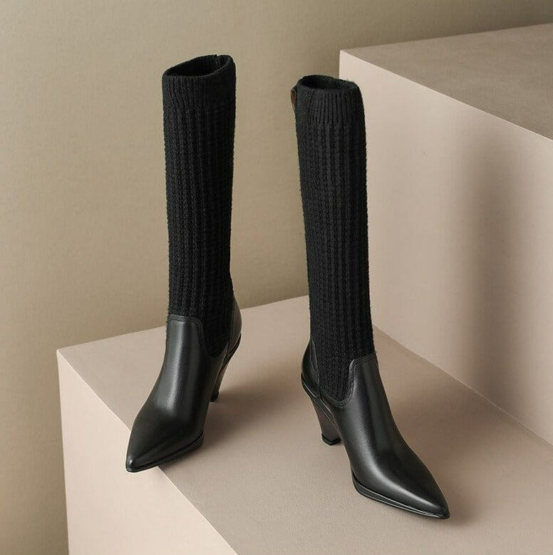 Women Knee-high Pointed Toe Elegant Splicing Boots