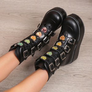Women Heart Buckles Goth Platform Motorcycles Boots