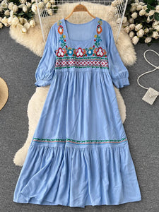 Women Bohemian Embroidered Square Neck Dress