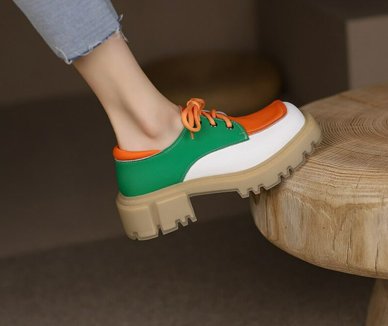 Women Med Heels Retro Genuine Cow Leather Block Shoes