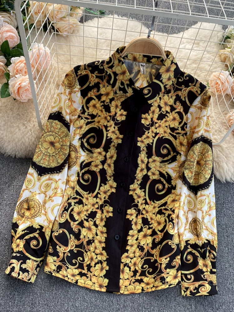 Women Bohemian Retro Turn-down Collar Shirt