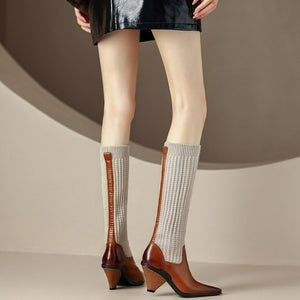 Women Knee-high Pointed Toe Elegant Splicing Boots