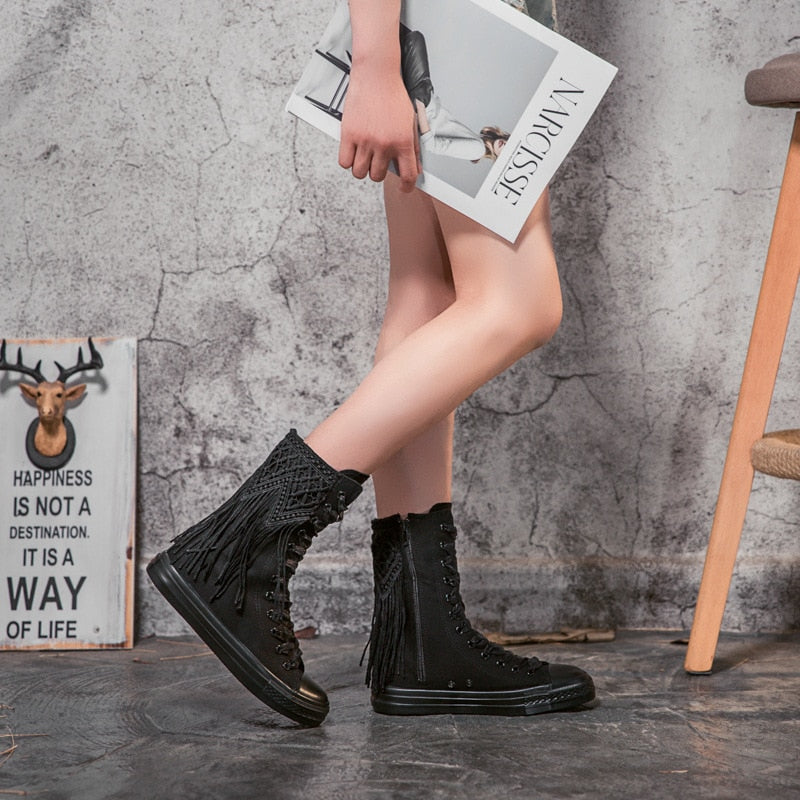 Women Decorated Embroidery Vulcanized Sneakers Canvas Boots