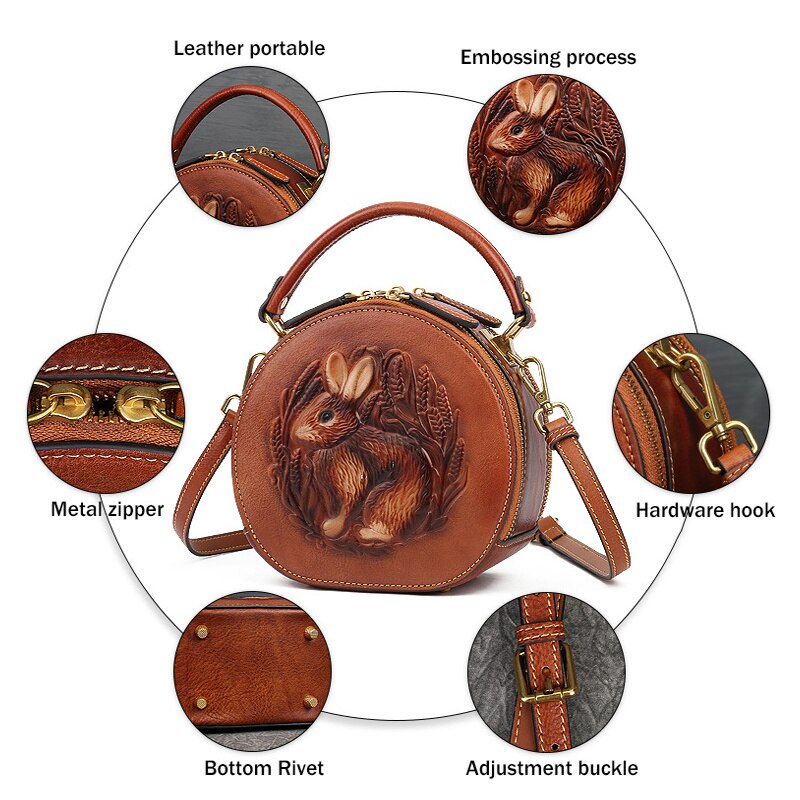 Women Retro Round Genuine Leather Handbags
