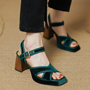 Women Vintage Sandals High Heels Square Toe Block Heels