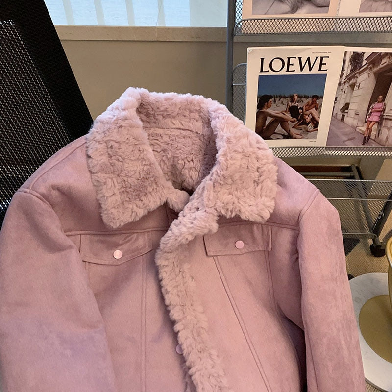 Women Vintage Faux Fur Coat Fluffy Plush Lapel Jacket