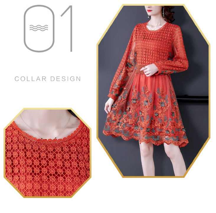 Women Mesh Embroidery Patchwork Vintage Lace Hollow Out Mini Dress