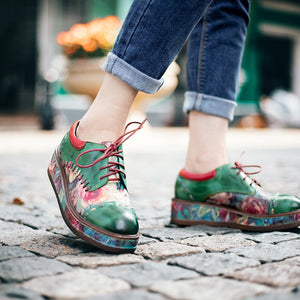 Women Floral Leather Round Head Muffin Heel Shoes