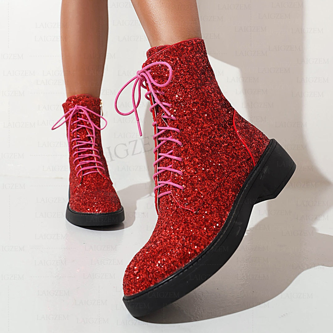 Women Handmade Ankle Side Zip Up Bling Glitter Boots