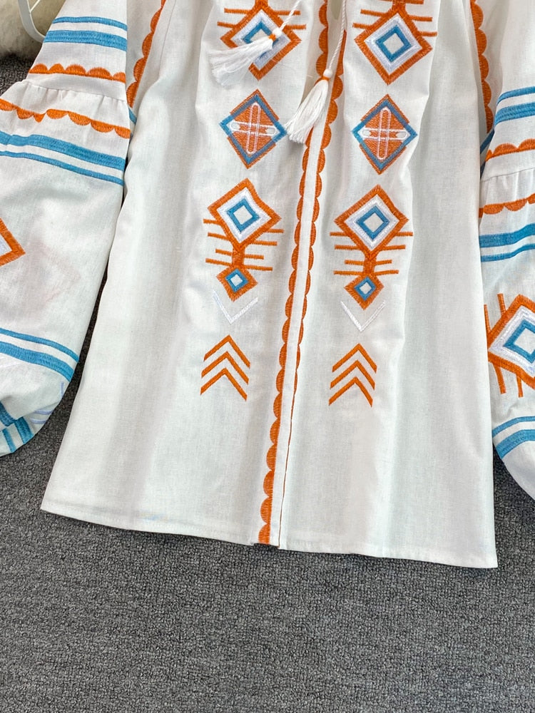 Women Retro Loose Embroidery Pullover Shirt