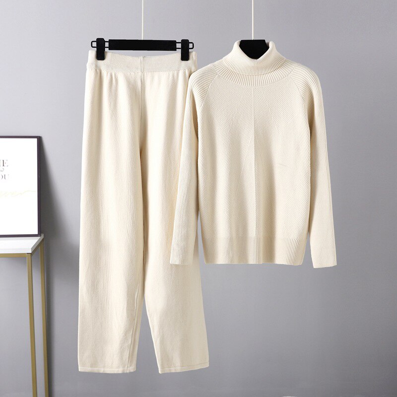 Women Chic Knitted Pullover Top Trousers Sweater 2 Pieces Set