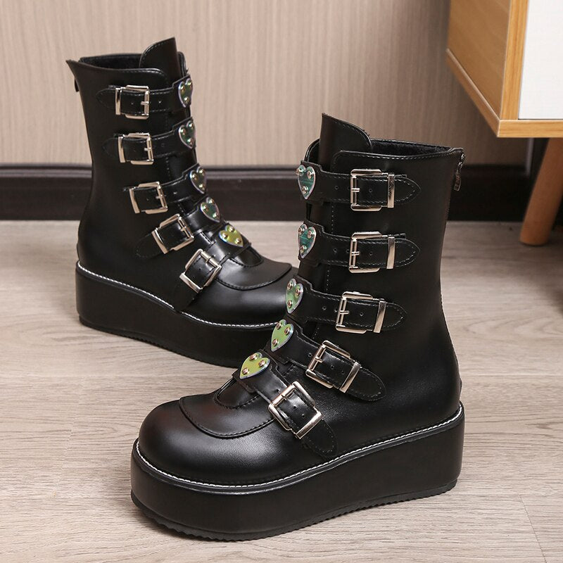 Women Heart Buckles Goth Platform Motorcycles Boots