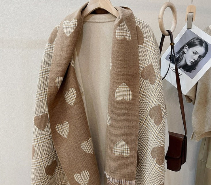 Women Cashmere Knitted Heart Plaid Scarf