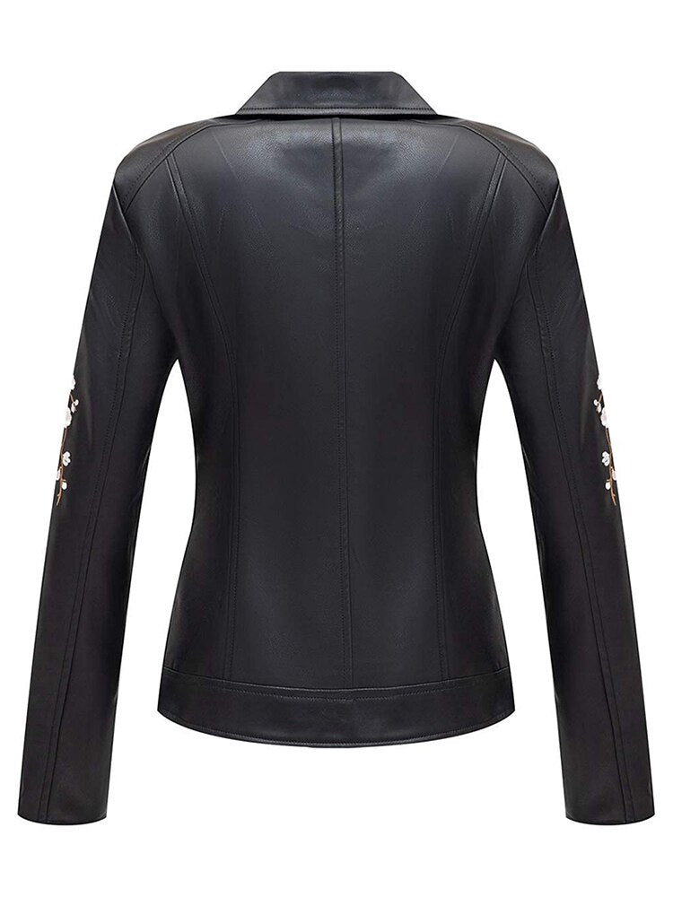 Women Floral Embroidery PU Leather Moto Biker Jacket