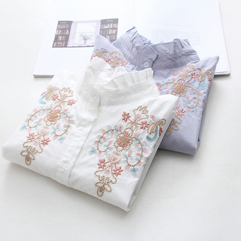 Women Embroidery Flower Blouse Slim Causal Shirts