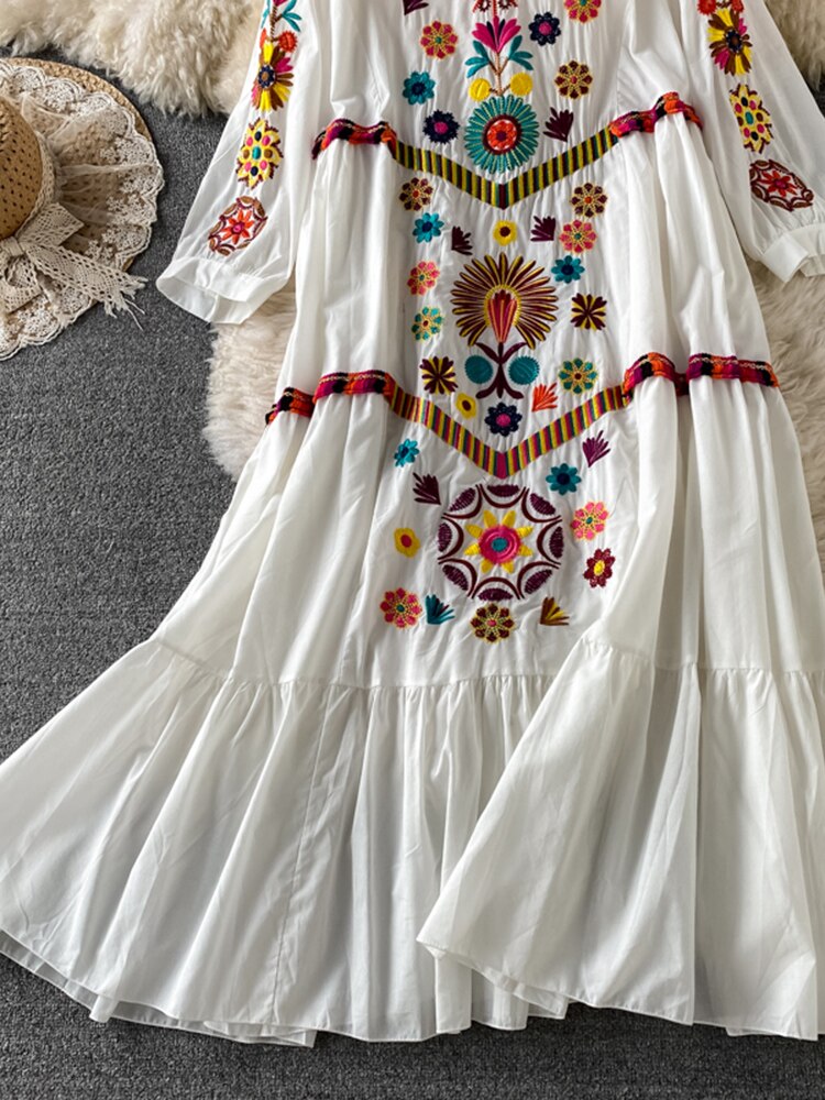 Women Bohemian Embroidered V-Neck Dress