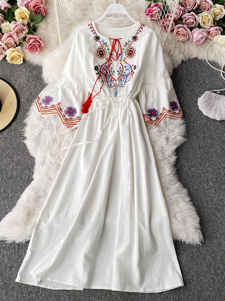Women Embroidery Lacing Long A-line Dress