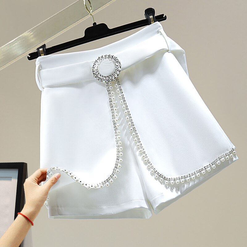 Women Beads Diamond A- Line Wide Leg  Short Pantskirt