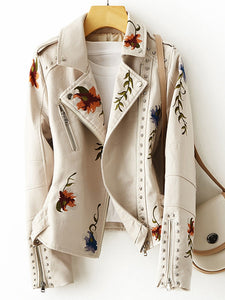 Women Floral Embroidery Soft Leather Retro Jacket