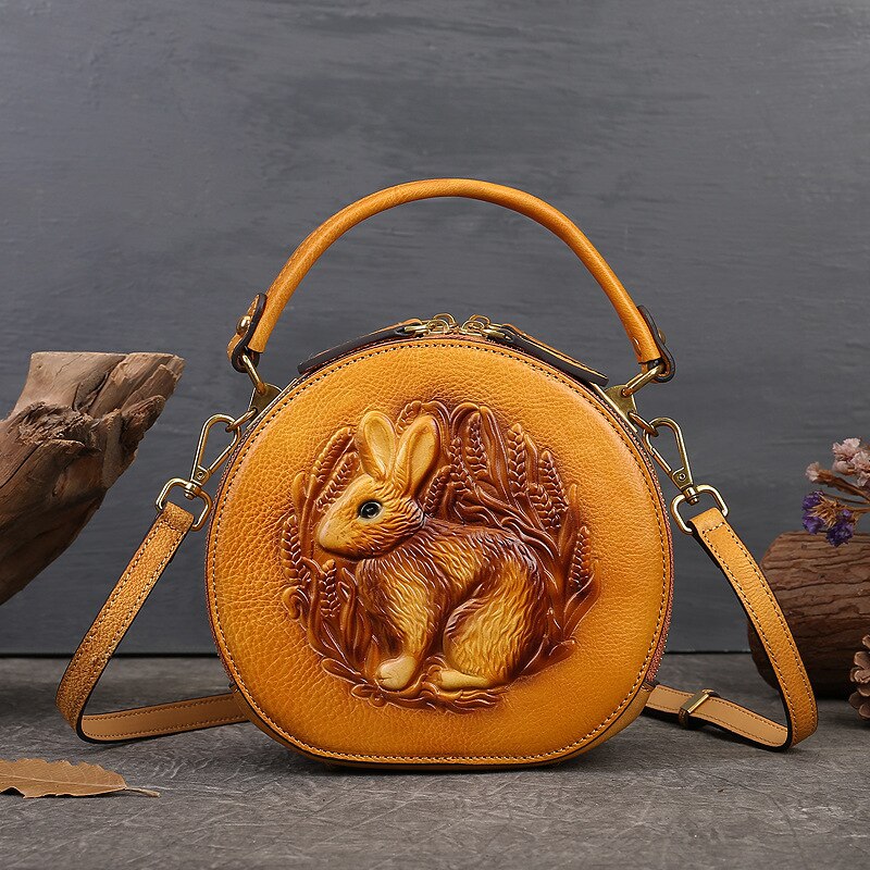 Women Retro Round Genuine Leather Handbags