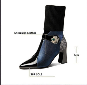 Women Rhinestone Leather Mid Calf Boots