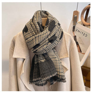Women Cashmere Knitted Heart Plaid Scarf