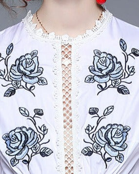 Women Embroidered Puff Sleeves Chic Temperament Lace Mini Dress