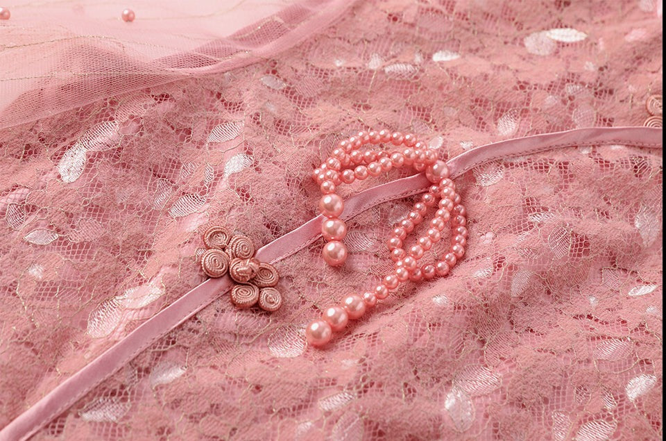 Women Cheongsam Lace Mesh Vintage Jacquard Slim Dress