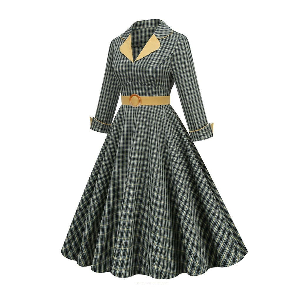 Women Vintage Notched Collar Belted Pinup Swing Dress