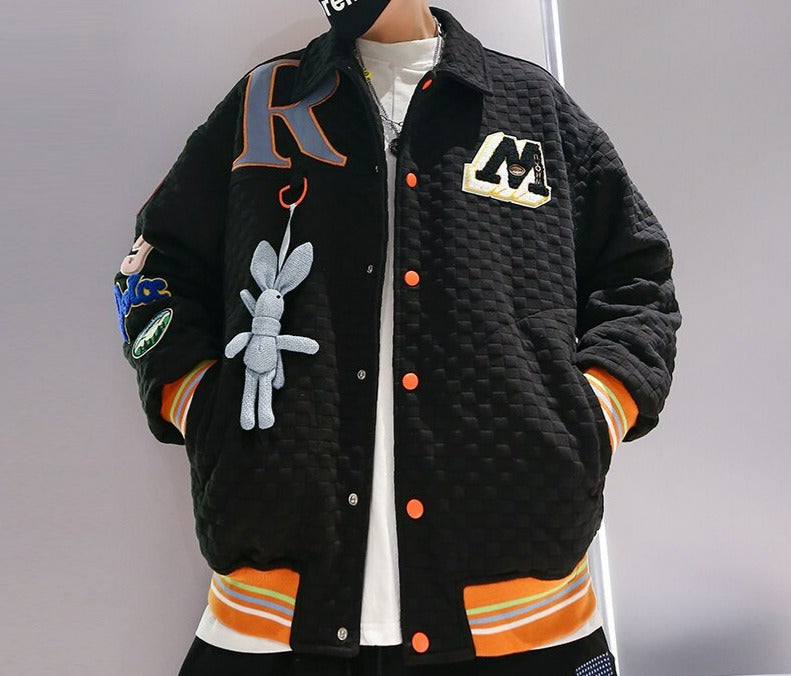 Men Hip Hop Waffle Plaid Jacket Streetwear Embroidery Label Coat