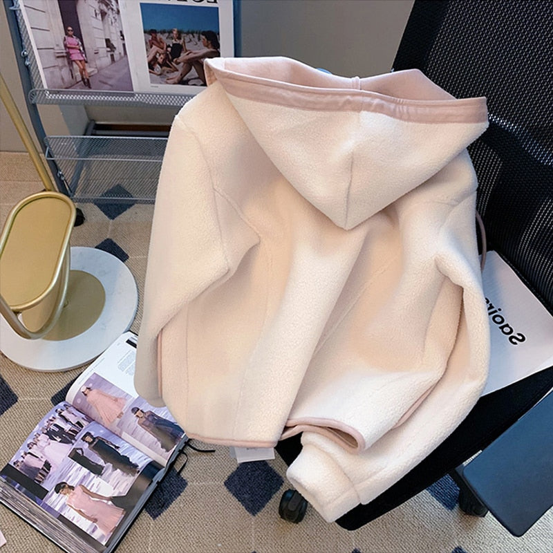 Women Patchwork Design Thick Plush Hoodies Coat