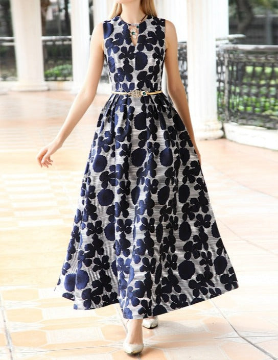 Women Floral Sleeveless Vestidos Jacquard Maxi Dress