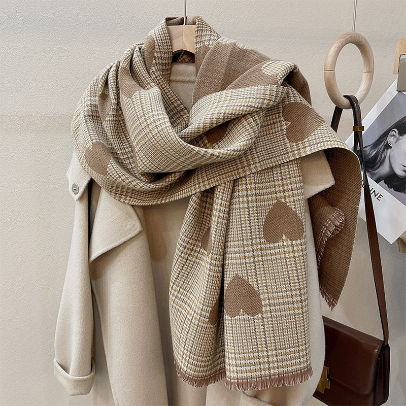 Women Cashmere Knitted Heart Plaid Scarf