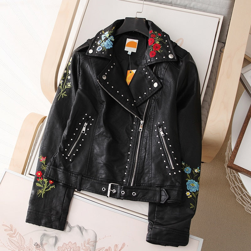 Women Embroidered Floral Faux Leather Bomber Jacket