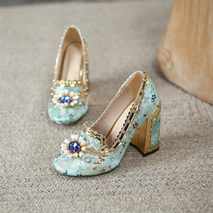 Women Floral Embroidery Crystal Slip On Shoes