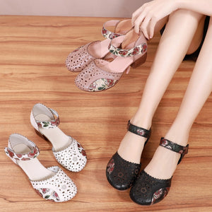 Women Genuine Leather Retro Hollow Out Sandals