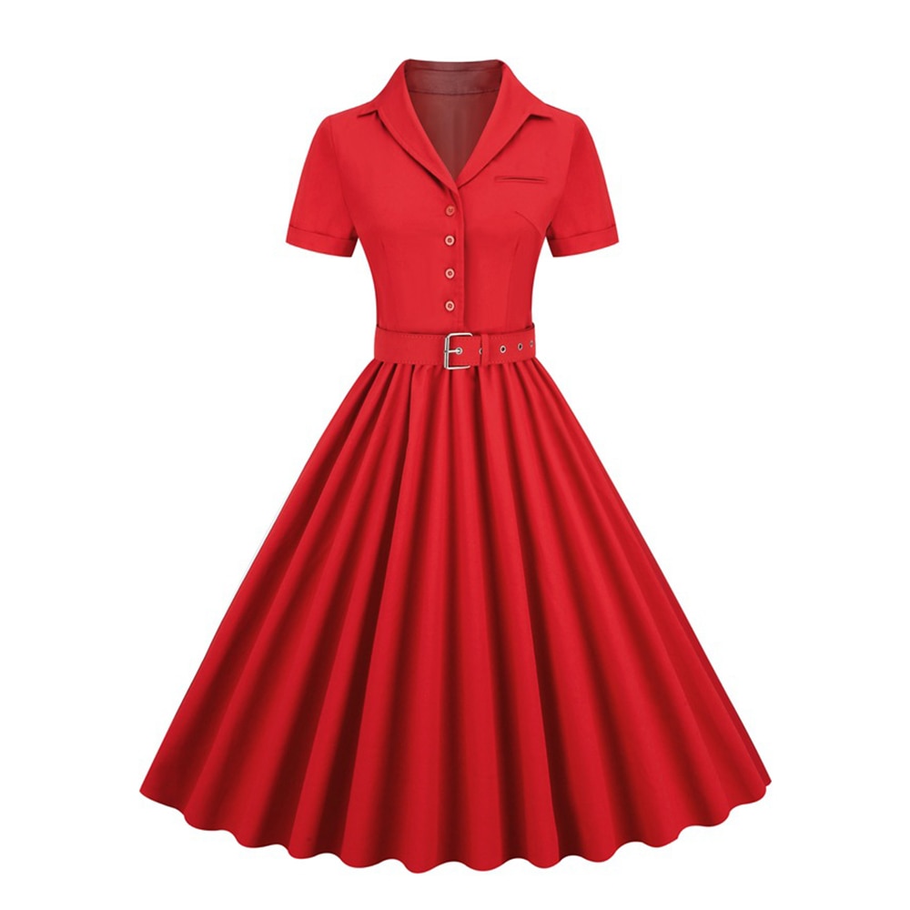 Women Vintage Belted Pinup Rockabilly Tunic Midi Pleated Dress