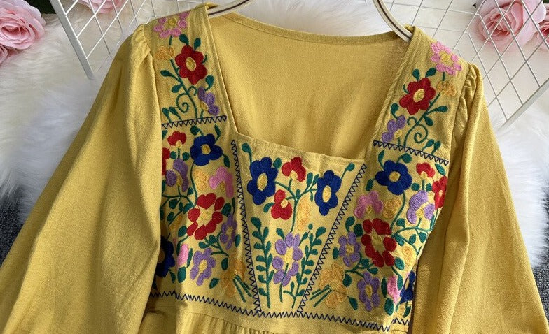Women Boho Floral Embroidery Maxi Dress