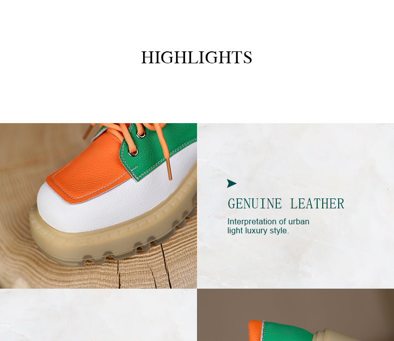 Women Med Heels Retro Genuine Cow Leather Block Shoes