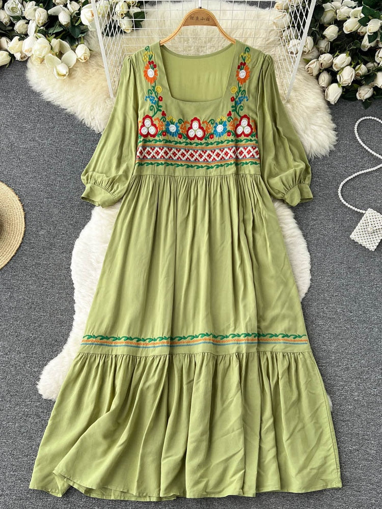 Women Bohemian Embroidered Square Neck Dress